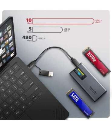 AXAGON External USB-C 10Gbps metal box with info display for M.2 NVMe and SATA SSD EEM2-SD2