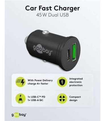 Goobay 61739 Dual-USB Car Fast Charger USB-C PD, 45 W Goobay