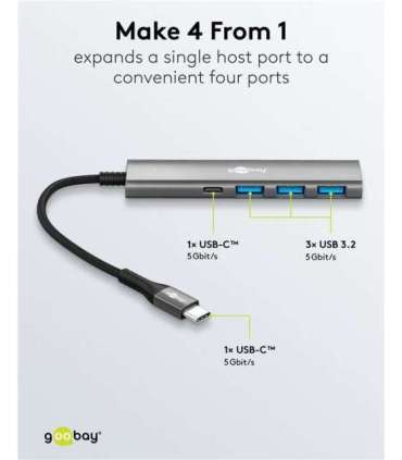 Goobay Slim 4-Port USB Hub, USB-C to USB-C/USB-A, 5 Gbit/s 76562