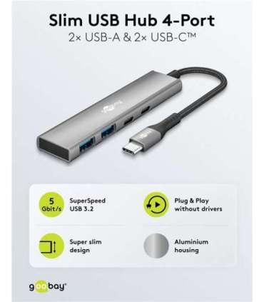 Goobay Slim 4-Port USB Hub, USB-C to USB-C/USB-A, 5 Gbit/s 76563