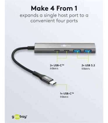 Goobay Slim 4-Port USB Hub, USB-C to USB-C/USB-A, 5 Gbit/s 76563