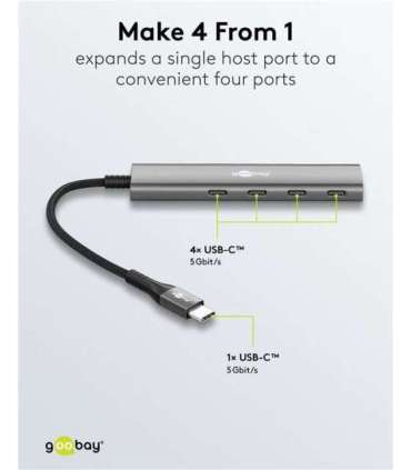 Goobay 76564 Slim 4-Port USB-Hub, USB-C™ auf USB-C™, 5 Gbit/s, Grey Goobay