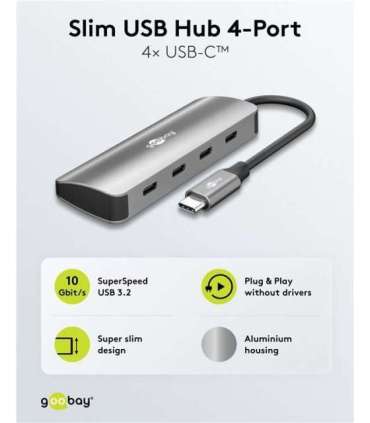 Goobay 76565 Slim 4-Port USB-Hub, USB-C™ auf USB-C™, 10 Gbit/s, Grey Goobay