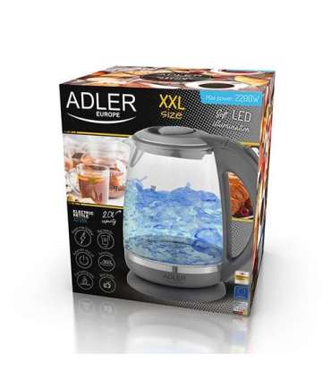 Adler Kettle AD 1286 Standard 2200 W 2 L Plastic/Glass 360° rotational base Grey/ transparent