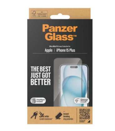 PanzerGlass Screen protector Apple IPhone 15 Plus Glass Transparent Ultra-wide fit, Scratch resistant, Drop