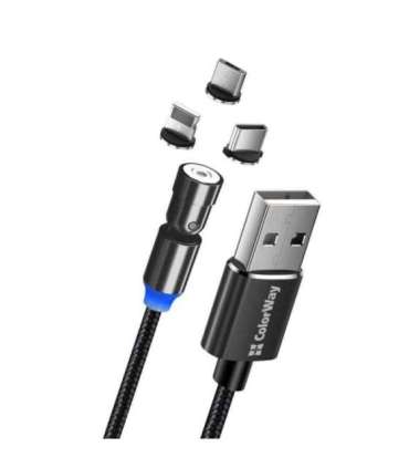 ColorWay Cable 3in1 (Lightning+MicroUSB+Type-C) Magnetic Rotation 540° 2.4А, 1m CW-CBUU037-BK