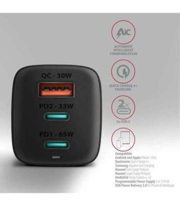 AXAGON GaN wallcharger 3x port (USB-A + 2x USB-C), 65W ACU-DPQ65