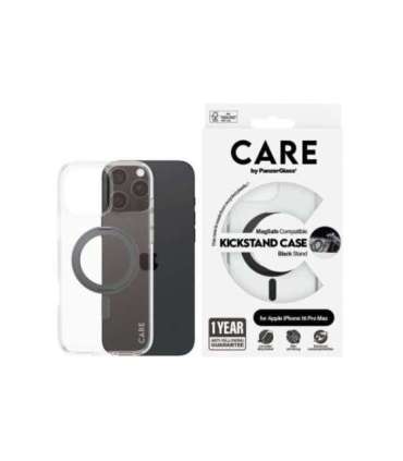 CARE by PanzerGlassFeature Case Transparent w. Black Kickstand & MagSafe iPhone 16 Pro Max CARE