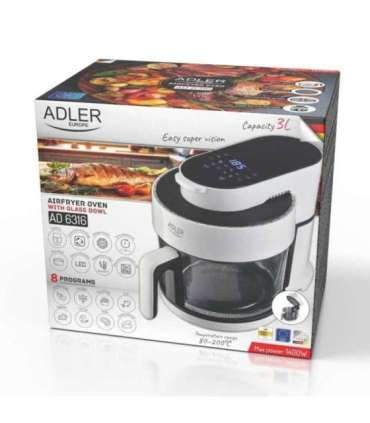 Adler Air Fryer Oven with Glass Bowl AD 6316 Power 1200 W Capacity 3 L Convection White/Black