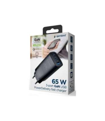 Cablexpert 3-port 65 W GaN USB PowerDelivery fast charger TA-UC-PDQC65-01-BK