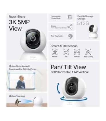 TP-LINK Pan/Tilt AI Home Security Wi-Fi Camera Tapo C230 Tabletop or Ceiling-Mounted 5 MP 4mm/F2.0 H.264 |