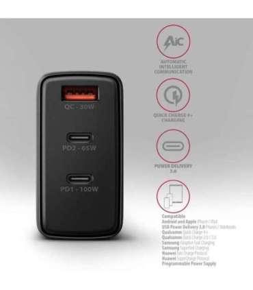 AXAGON GaN wallcharger, 3x port (USB-A + 2x USB-C), PD3.0/PPS/QC4+/SFC2.0/AFC/SCP/FCP/Apple, 100W ACU-DPQ100