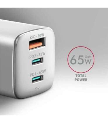 AXAGON GaN wallcharger 3x port (USB-A + 2x USB-C), PD3.0/PPS/QC4+/SFC2.0/AFC/SCP/FCP/Apple, 65W ACU-DPQ65W