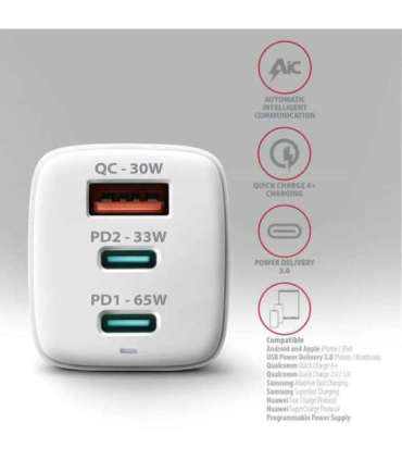 AXAGON GaN wallcharger 3x port (USB-A + 2x USB-C), PD3.0/PPS/QC4+/SFC2.0/AFC/SCP/FCP/Apple, 65W ACU-DPQ65W