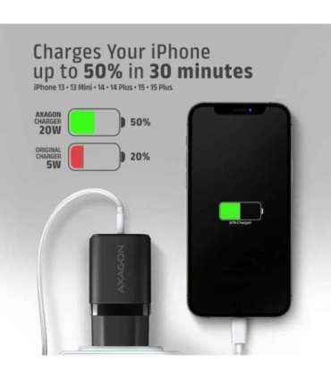 AXAGON Wallcharger 1x port USB-C, PD3.0/PPS/QC4+/AFC/FCP/Apple, 20W ACU-PD20