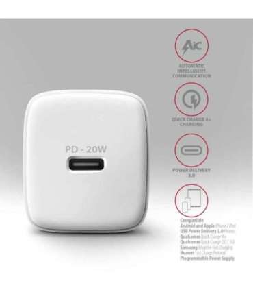 AXAGON Wallcharger 1x port USB-C, PD3.0 / PPS /QC4+/AFC/FCP/Apple, 20W ACU-PD20W