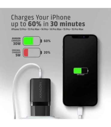 AXAGON Sil wallcharger 1x port USB-C, PD3.0/PPS/QC4+/SFC/AFC/Apple, 30W ACU-PD30