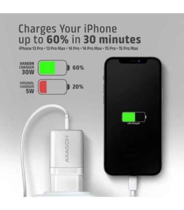 AXAGON Sil wallcharger 1x port USB-C, PD3.0 /PPS/QC4+/SFC/AFC/Apple, 30w ACU-PD30W