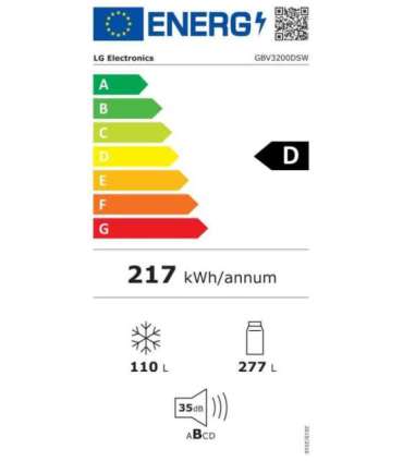 LG Refrigerator GBV3200DSW Energy efficiency class D Free standing Combi Height 203 cm No Frost system |
