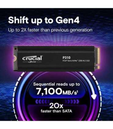 Crucial CT1000P310SSD5 P310 SSD, 1 TB, M.2 PCIe Gen4 NVMe, 3D NAND, 7100/ 6000 MB/s, Heatsink