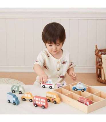 VIGA puidust värviliste linnasõidukite komplekt, 9 tk.