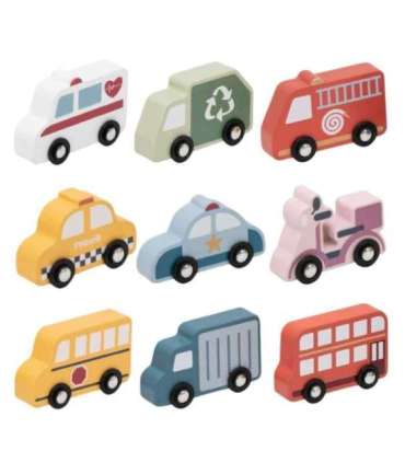 VIGA puidust värviliste linnasõidukite komplekt, 9 tk.