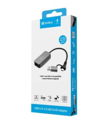 Sandberg 136-68 USB-C/A 2.5 GbE RJ45 Adapter, 2.5 Gigabit Ethernet on USB-C