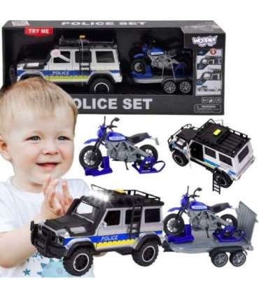 WOOPIE Zestaw Samochód Terenowy Policyjny z Przyczepą na Motocykl