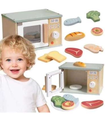 TOOKY TOY Drewniana Kuchenka Mikrofalowa Zestaw Produktów Spożywczych