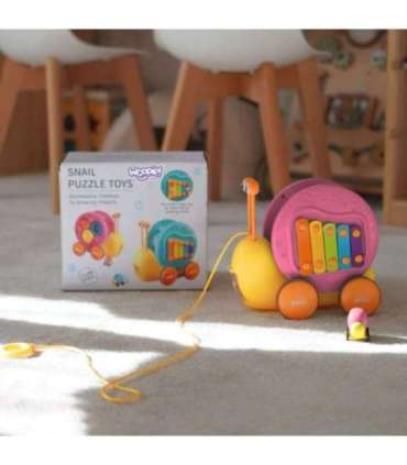 WOOPIE Ślimak do Ciągnięcia 4w1 Cymbałki Zębatki Sensoryczne Wyrzutnia + Małe Autko