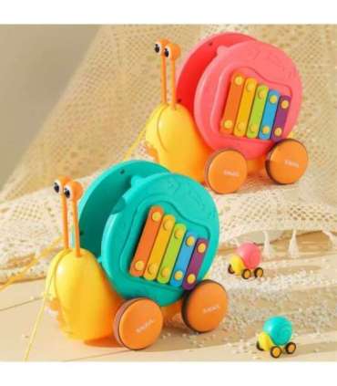 WOOPIE Ślimak do Ciągnięcia 4w1 Cymbałki Zębatki Sensoryczne Wyrzutnia + Małe Autko