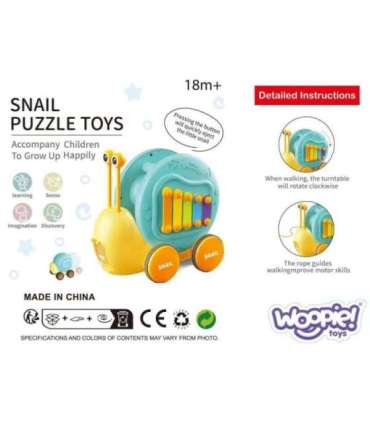 WOOPIE Ślimak do Ciągnięcia 4w1 Cymbałki Zębatki Sensoryczne Wyrzutnia + Małe Autko