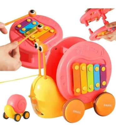 WOOPIE Ślimak do Ciągnięcia 4w1 Cymbałki Zębatki Sensoryczne Wyrzutnia + Małe Autko