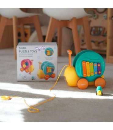 WOOPIE Ślimak do Ciągnięcia 4w1 Cymbałki Zębatki Sensoryczne Wyrzutnia + Małe Autko