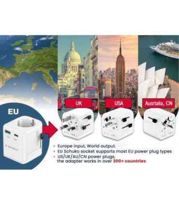 Gembird TPA-EU1A1C20-01-W Grounded universal travel power adapter, 20 W, white