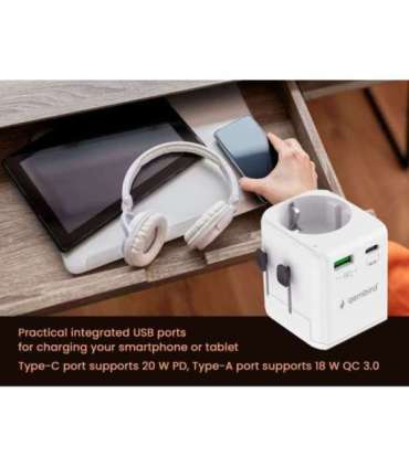 Gembird TPA-EU1A1C20-01-W Grounded universal travel power adapter, 20 W, white