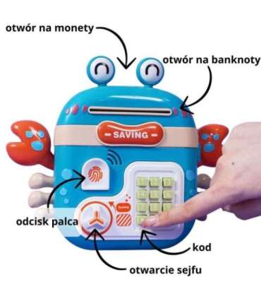 WOOPIE Elektroniczna Skarbonka Sejf Bankomat na Pin Kod Dostępu Krab Plecak Niebieski