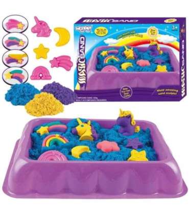 WOOPIE Piasek Kinetyczny 0,6 kg Zestaw Jednorożec Stolik z Foremkami