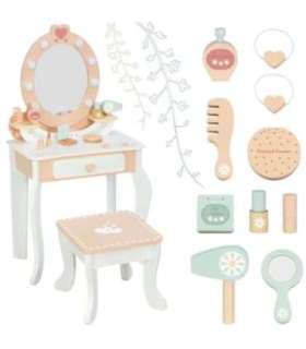 TOOKY TOY Drewniana Toaletka z Krzesełkiem Akcesoria Lustro z Oświetleniem LED + Kosmetyki