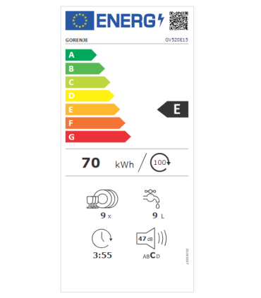 Dishwasher GV520E15 Built-in Width 44.8 cm Number of place settings 9 Number of programs 5 Energy efficiency