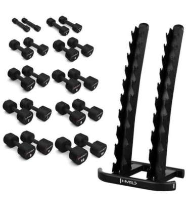 SET POLYURETHANE DUMBBELLS HPT 2 x 1 - 10 KG (110 KG) + STR37 VERTICAL RACK HMS