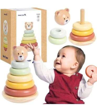 TOOKY TOY Drewniana Układanka Sensoryczna Piramidka Miś Sensoryczny Kolorowy Stacker