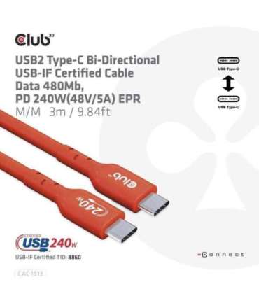 CABLE USB-C TO USB-C 3M/M/M CAC-1513 CLUB3D