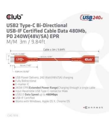 CABLE USB-C TO USB-C 3M/M/M CAC-1513 CLUB3D