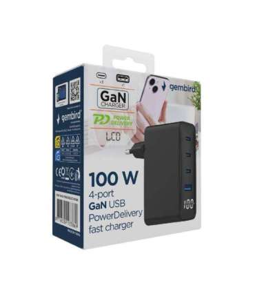 CHARGER USB 100W 4PORT GAN/TA-UC-PDQC100LCD-01-BK GEMBIRD