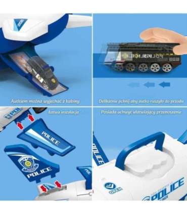 WOOPIE Samolot Rozkładany Transporter Policja z 3 Autami Policyjnymi Zestaw XL Znaki Drogowe