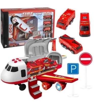 WOOPIE Samolot Rozkładany Transporter Straż Pożarna z 3 Autami Strażackimi Zestaw XL Znaki Drogowe