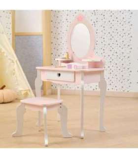 VIGA Duża Toaletka Drewniana Biało-Różowa z Lustrem i Krzesełkiem