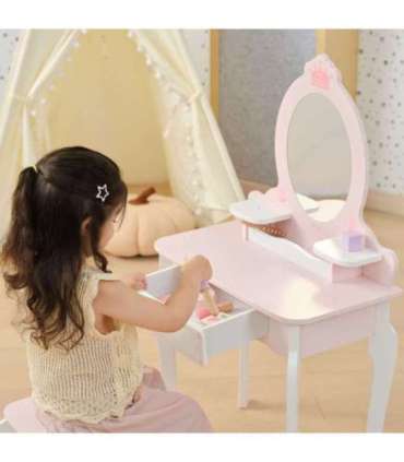 VIGA Duża Toaletka Drewniana Biało-Różowa z Lustrem i Krzesełkiem