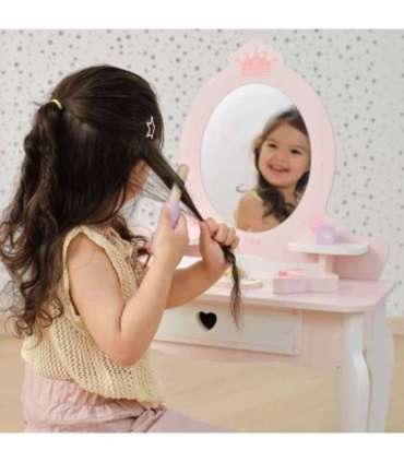 VIGA Duża Toaletka Drewniana Biało-Różowa z Lustrem i Krzesełkiem